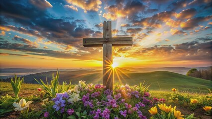 Sunrise Through the Cross, Wooden Cross, Golden Light, Spring Flowers, Mountain Landscape, christianity, faith