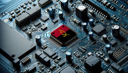 An intricate microchip with the Angola flag embedded, representing the innovation and technological advancements of the Angola in the field of electronics and microtechnology