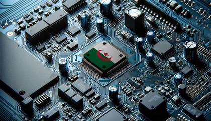 An intricate microchip with the Algeria flag embedded, representing the innovation and technological advancements of the Algeria in the field of electronics and microtechnology