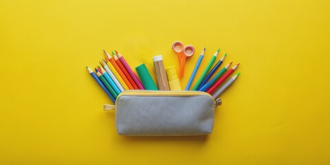 Fototapeta premium Top View of Colorful Pencils Spilling Out of a Gray Pencil Case on a Yellow Background, Pencils, School Supplies, Stationery, Back to School