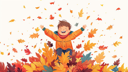 Obraz premium Joyful child playing in colorful autumn leaves, cartoon illustration