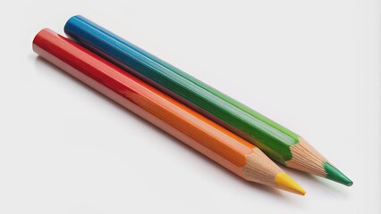 Fototapeta premium Two Colorful Pencils Lying on a White Surface, Red, Yellow, Orange, Green, Blue , pencils