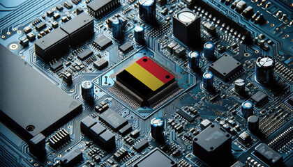 An intricate microchip with the Belgium flag embedded, representing the innovation and technological advancements of the Belgium in the field of electronics and microtechnology