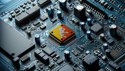 An intricate microchip with the Bhutan flag embedded, representing the innovation and technological advancements of the Bhutan in the field of electronics and microtechnology