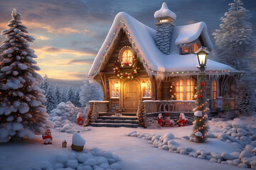 Fototapeta premium Christmas house in the forest with candies and winter holiday ornaments. Santa gingerbread house on the snow.