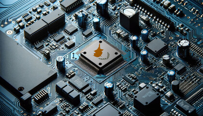 An intricate microchip with the Cyprus flag embedded, representing the innovation and technological advancements of the Cyprus in the field of electronics and microtechnology
