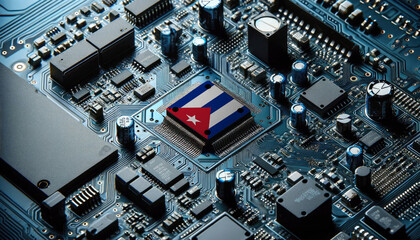 An intricate microchip with the Cuba flag embedded, representing the innovation and technological advancements of the Cuba in the field of electronics and microtechnology