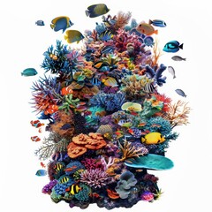 vibrant underwater scene featuring intricate coral reef ecosystem teeming with colorful fish and marine life isolated on pure white background