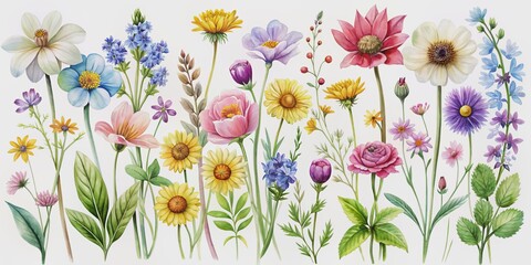 Watercolor Floral Composition with Various Flowers, White Background, Watercolor Painting, Summer Flowers, Floral Illustration, Botanical Illustration, Floral Design