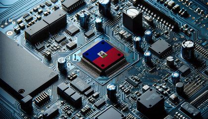 An intricate microchip with the Haiti flag embedded, representing the innovation and technological advancements of the Haiti in the field of electronics and microtechnology