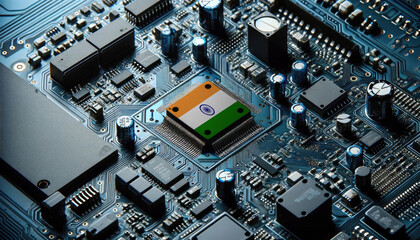 An intricate microchip with the India flag embedded, representing the innovation and technological advancements of the India in the field of electronics and microtechnology