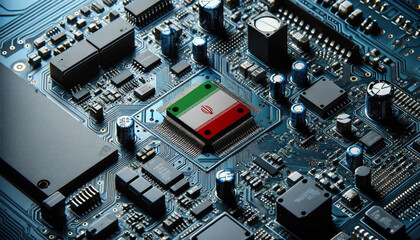 An intricate microchip with the Iran flag embedded, representing the innovation and technological advancements of the Iran in the field of electronics and microtechnology