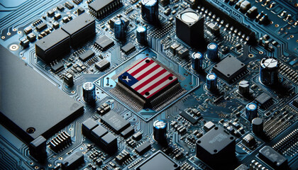 An intricate microchip with the Liberia flag embedded, representing the innovation and technological advancements of the Liberia in the field of electronics and microtechnology