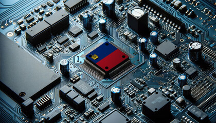 An intricate microchip with the Liechtenstein flag embedded, representing the innovation and technological advancements of the Liechtenstein in the field of electronics and microtechnology