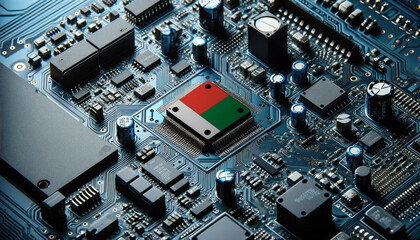 An intricate microchip with the Madagascar flag embedded, representing the innovation and technological advancements of the Madagascar in the field of electronics and microtechnology