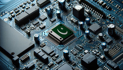 An intricate microchip with the Pakistan flag embedded, representing the innovation and technological advancements of the Pakistan in the field of electronics and microtechnology