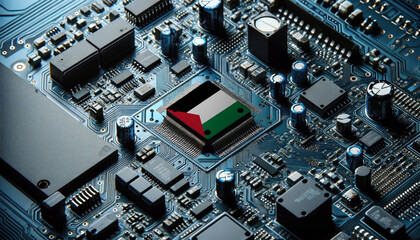 An intricate microchip with the Palestine flag embedded, representing the innovation and technological advancements of the Palestine in the field of electronics and microtechnology