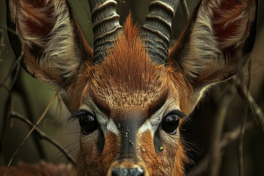 A close up of a deer's face with its ears back