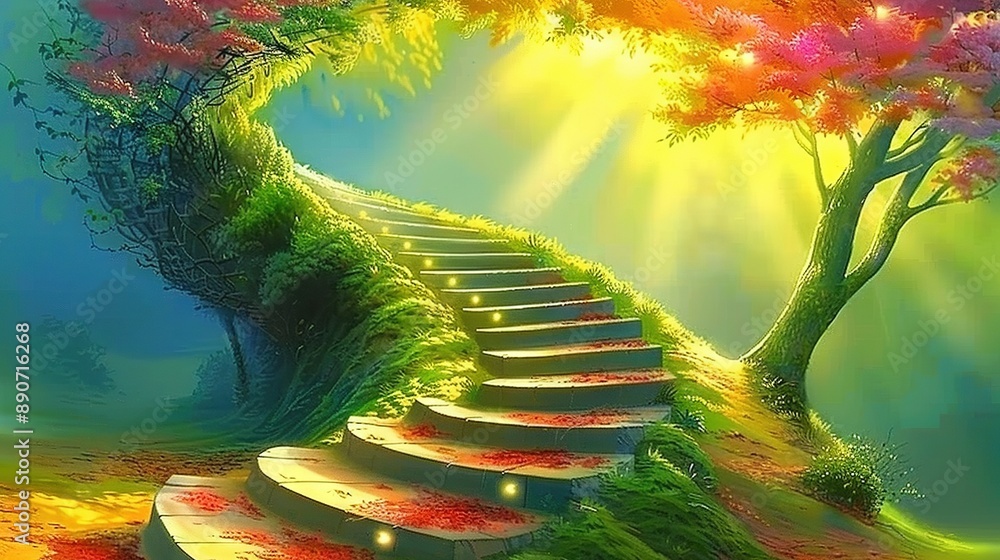 Canvas Prints   A brightly lit tree stands atop a set of stairs in a painting