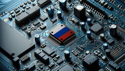 An intricate microchip with the Russia flag embedded, representing the innovation and technological advancements of the Russia in the field of electronics and microtechnology