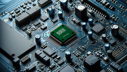 An intricate microchip with the Saudi Arabia flag embedded, representing the innovation and technological advancements of the Saudi Arabia in the field of electronics and microtechnology