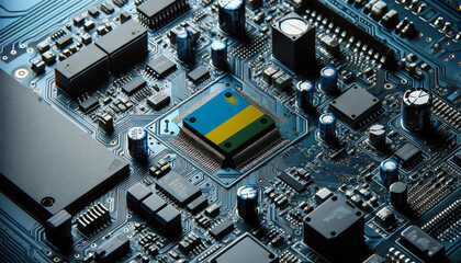 An intricate microchip with the Rwanda flag embedded, representing the innovation and technological advancements of the Rwanda in the field of electronics and microtechnology