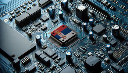 An intricate microchip with the Serbia flag embedded, representing the innovation and technological advancements of the Serbia in the field of electronics and microtechnology