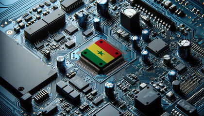 An intricate microchip with the Senegal flag embedded, representing the innovation and technological advancements of the Senegal in the field of electronics and microtechnology