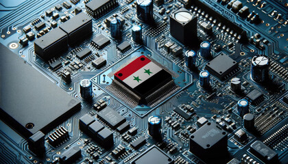 An intricate microchip with the Syria flag embedded, representing the innovation and technological advancements of the Syria in the field of electronics and microtechnology