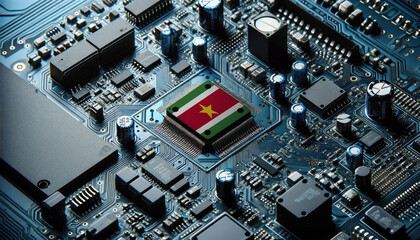 An intricate microchip with the Suriname flag embedded, representing the innovation and technological advancements of the Suriname in the field of electronics and microtechnology