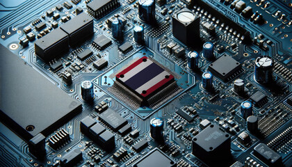 An intricate microchip with the Thailand flag embedded, representing the innovation and technological advancements of the Thailand in the field of electronics and microtechnology