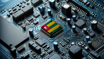An intricate microchip with the Togo flag embedded, representing the innovation and technological advancements of the Togo in the field of electronics and microtechnology