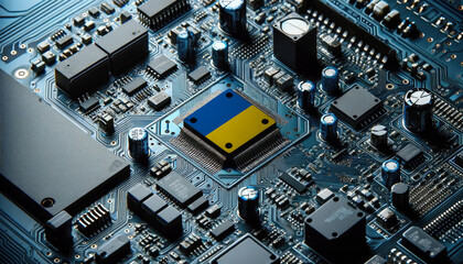 An intricate microchip with the Ukraine flag embedded, representing the innovation and technological advancements of the Ukraine in the field of electronics and microtechnology