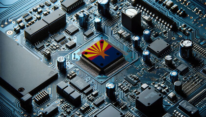 An intricate microchip with the Arizona flag embedded, representing the innovation and technological advancements of the Arizona in the field of electronics and microtechnology