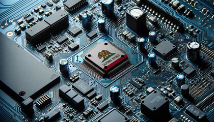 An intricate microchip with the California flag embedded, representing the innovation and technological advancements of the California in the field of electronics and microtechnology