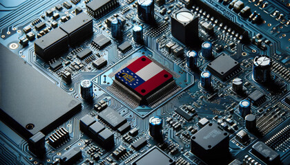 An intricate microchip with the Georgia flag embedded, representing the innovation and technological advancements of the Georgia in the field of electronics and microtechnology