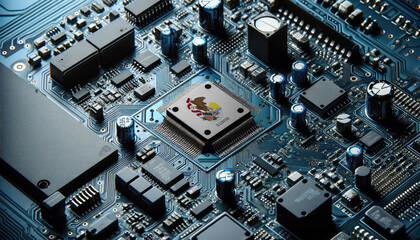An intricate microchip with the Illinois flag embedded, representing the innovation and technological advancements of the Illinois in the field of electronics and microtechnology