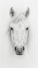 A close-up of a white horse's face with soft, black and white detail