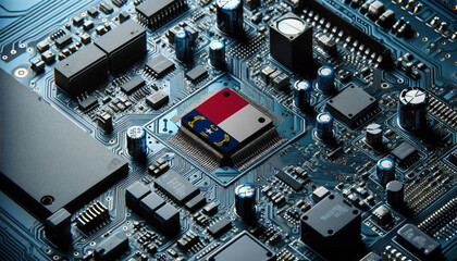 An intricate microchip with the North Carolina flag embedded, representing the innovation and technological advancements of the North Carolina in the field of electronics and microtechnology