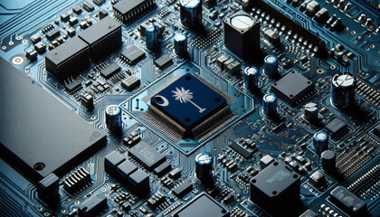 An intricate microchip with the South Carolina flag embedded, representing the innovation and technological advancements of the South Carolina in the field of electronics and microtechnology