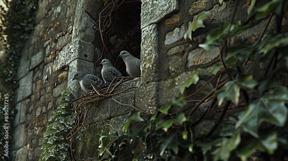Poster a pair of doves nesting in the crevices of an ancient fortress wall, with the fortress partially cov