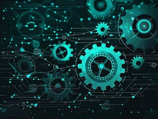 Obraz premium Sophisticated Futuristic Digital Technology Background with Teal Gears and Cogs on Black, Perfect for Tech Innovation Themes