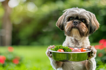 A Shih Tzu holding a bowl of nutritious food, promoting pet health and wellness