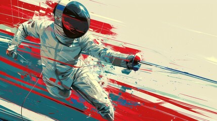Close-up of fencer lunging, graphic trails, speed, precision, fencing piste background.