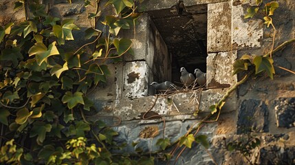 A pair of doves nesting in the crevices of an ancient fortress wall, with the fortress partially covered in vines
