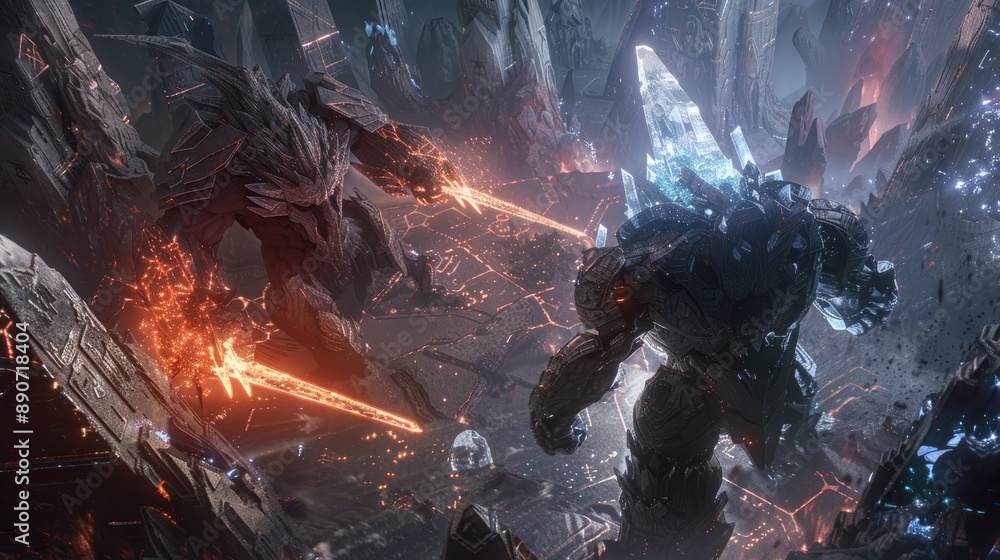 Wall mural an epic confrontation between titanic golems of crystal and shadow within a labyrinth of ancient, gl