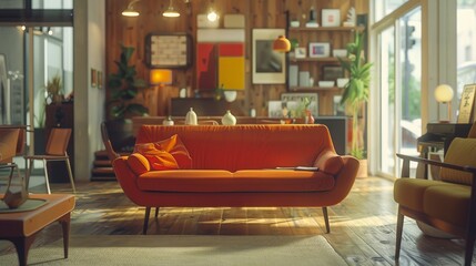 A vibrant living room with an orange sofa, wooden floor, and vintage decor elements, exuding...