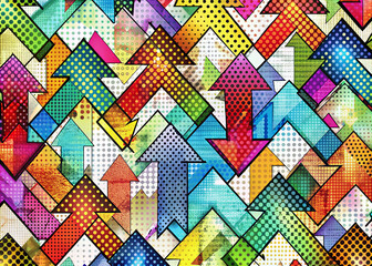 Fototapeta premium Vibrant arrows in various colors overlap and point diagonally in a dynamic pattern on a clean white background, conveying energy, movement, and creative direction.