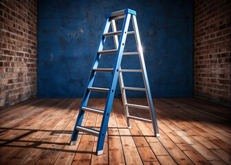 A highly detailed 3D rendering of a realistic fiberglass ladder standing upright on a rustic wooden floor with subtle shadows and reflections.