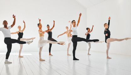 Team, ballet dancers and class with coach for performance, routine or choreography in studio. Young people, community or group of performers with teacher in ballerina academy for art, dance or talent